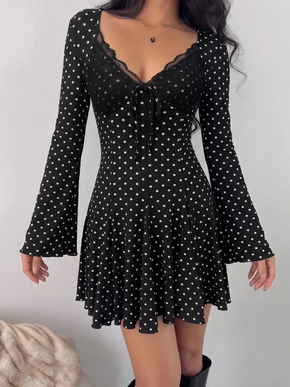 ⭐️ Black Polka Dot Lace Trimmed V Neck Mini Dress